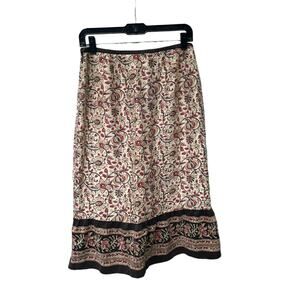Ann Taylor Loft 100% Silk Size 12 30”Paisley Floral Ruffle Boho Midi Pink Brown